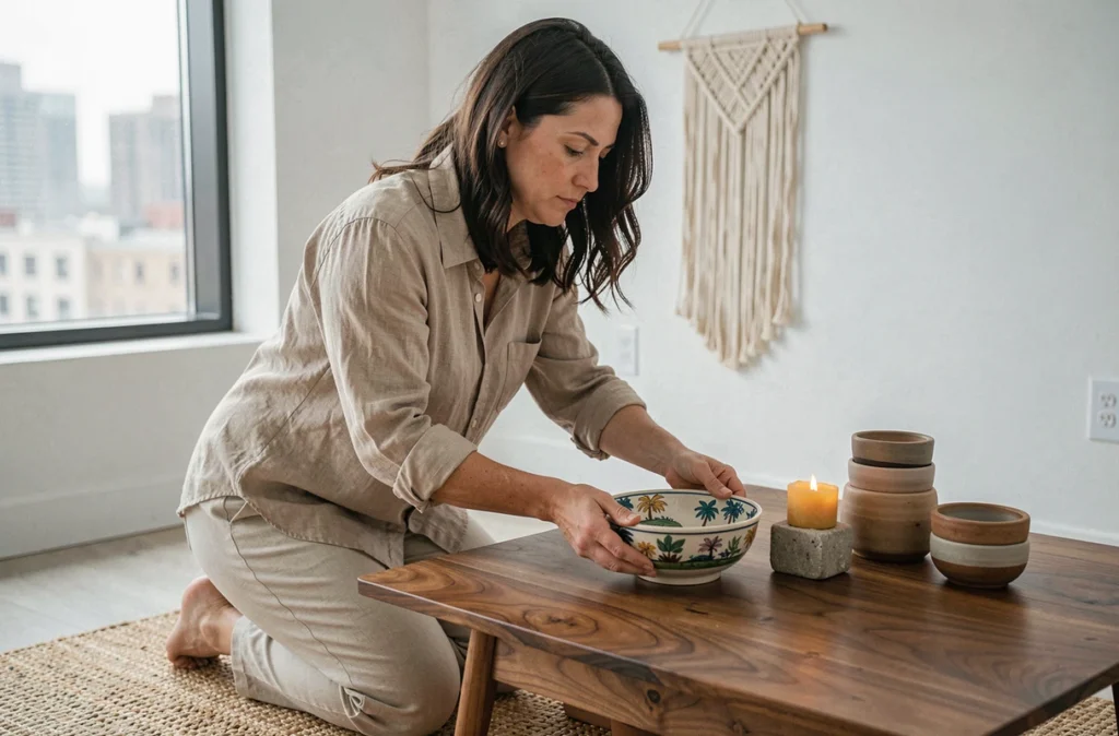 Femme arrangeant des objets artisanaux sur une table basse en noyer dans un salon contemporain avec poteries et bougie en cire d'abeille