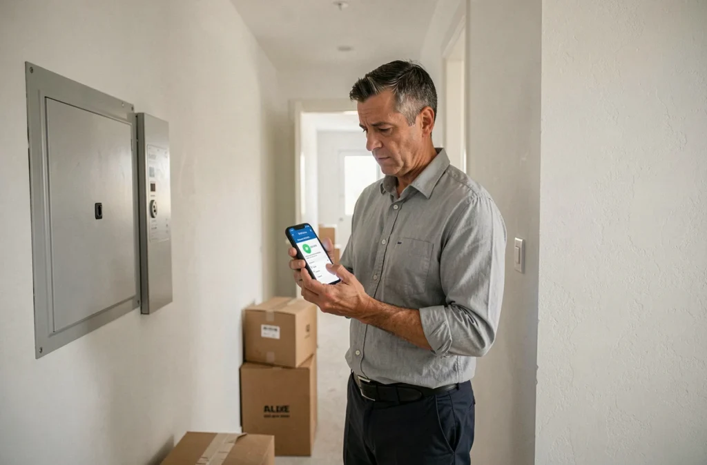 Homme consultant son téléphone pour gérer son contrat d'énergie dans un couloir d'appartement vide après un déménagement
