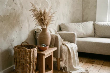Salon décoré d'objets artisanaux authentiques dont un vase en céramique fait main, un panier en rotin et un plaid en lin sur un fauteuil en bois