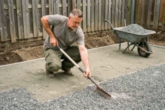 Homme préparant le sol en nivelant une couche de gravier compacté avant la pose d'une dalle sur plots béton de terrasse