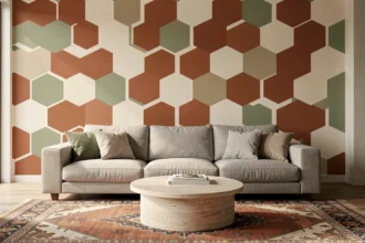 Salon contemporain avec papier peint géométrique en hexagones terracotta et canapé en lin beige, illustration tendance décoration intérieure