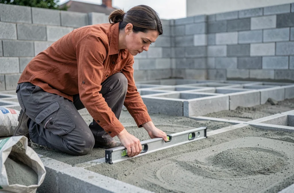 Femme vérifiant le niveau du sol préparé avec un niveau à bulle avant de poser des plots béton pour une terrasse